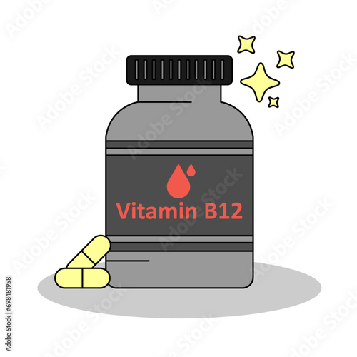 A bottle of vitamin B 12 supplement , capsule and pills for nutrition, flat design vector and illustration