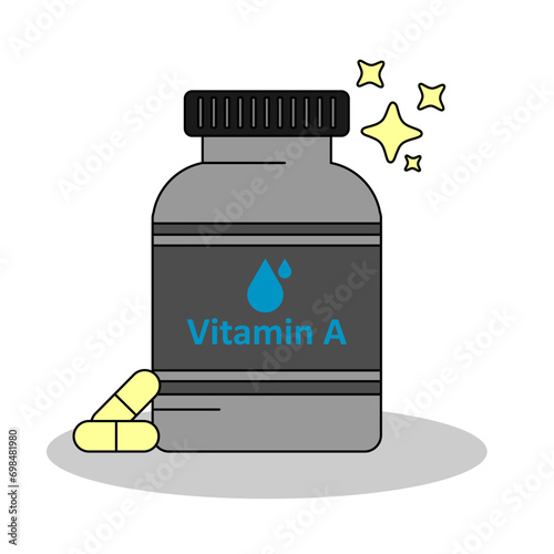 A bottle of vitamin A supplement , capsule and pills for nutrition, flat design vector and illustration