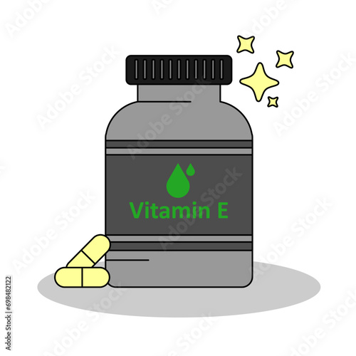 A bottle of vitamin E supplement , capsule and pills for nutrition, flat design vector and illustration