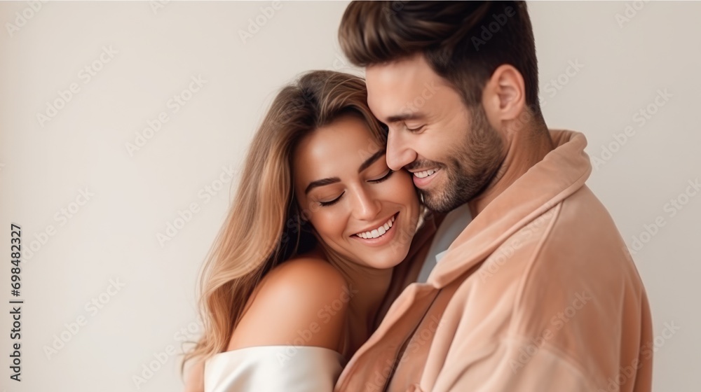 Portrait of happy young hugging couple background. Positive passionate married woman man hug embrace enjoy together wallpaper. St Valentines, Hug Day concept. Portrait of happy young hugging couple background. Positive passionate married woman man hug embrace enjoy together wallpaper. St Valentines, Hug Day concept.