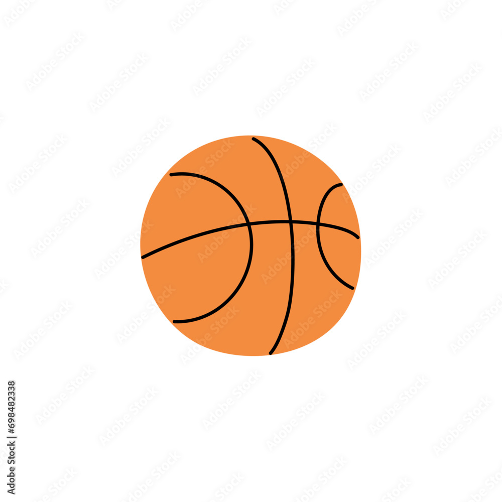 Basketball round symbol. Streetball sport equipment. Orange ball in black stripes for playing team court game with basket. Gym inventory, supply. Flat isolated vector illustration on white background