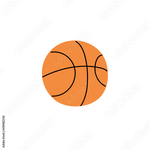 Basketball round symbol. Streetball sport equipment. Orange ball in black stripes for playing team court game with basket. Gym inventory  supply. Flat isolated vector illustration on white background