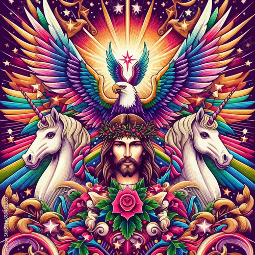 A colorful artwork of a jesus with a crown of thorns and unicorns designs prints photo