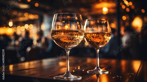 Two glasses of white wine on a wooden table in a bar.