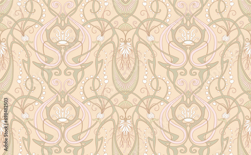 Fantasy flowers, decorative flowers and leaves in art nouveau style, vintage, old, retro style. Seamless pattern, background. Vector illustration.