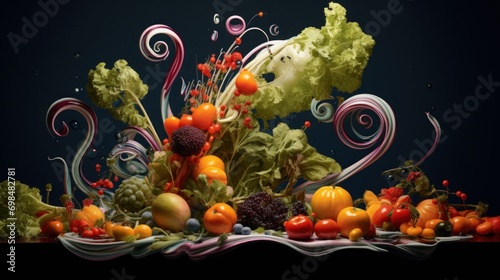  a bunch of different fruits and vegetables on a black background with a swirly design on the top of the image.