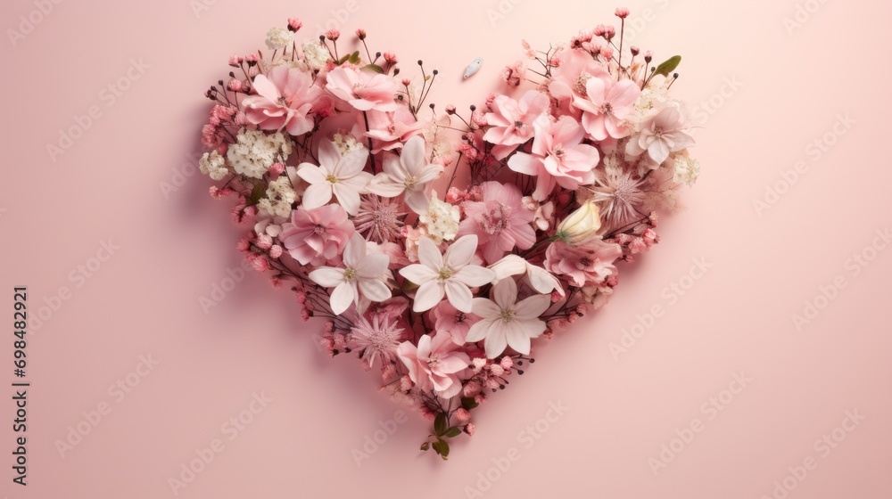  a heart - shaped arrangement of pink and white flowers on a pink background with copy - space in the center.