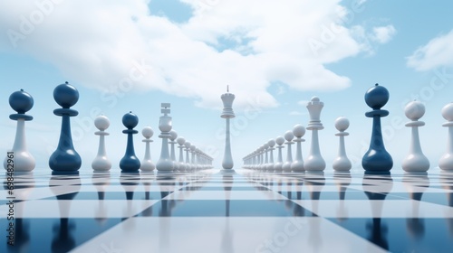  a large group of chess pieces sitting on top of a blue and white checkerboard floor in front of a cloudy blue sky.