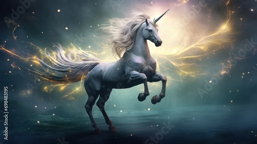 Fotografia a white unicorn standing on its hind legs in front of a sky filled with stars and a lightening star