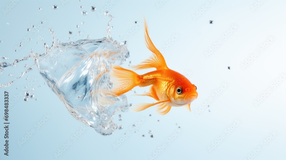  a goldfish in an aquarium with a plastic bag in it's mouth and bubbles coming out of it.
