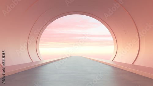  a pink tunnel with a long walkway leading to the light at the end of the tunnel and a pink sky at the end of the tunnel.