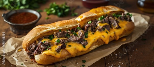 Cheese steak sandwich on paper photo