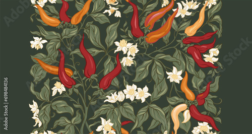 Hot chilly pepper plant with fruits and flowers Seamless pattern, background. Vector illustration. In art nouveau style, vintage, old, retro style.