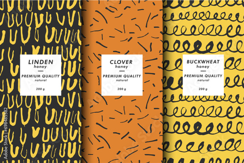 Vector illustration set of templates contemporary abstract cover and patterns for honey packaging with labels. Minimal modern backgrounds