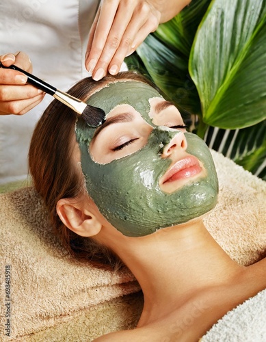 Woman receiving a Facial Clay Mask in Wellness Resort or Spa - Relaxation and Skin Care done by Beautician photo