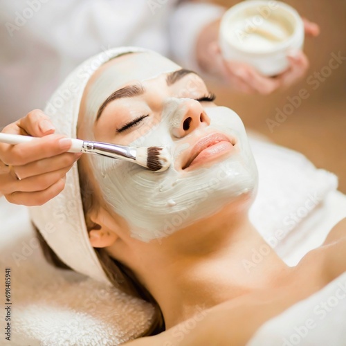 Woman receiving a Facial Clay Mask in Wellness Resort or Spa - Relaxation and Skin Care done by Beautician