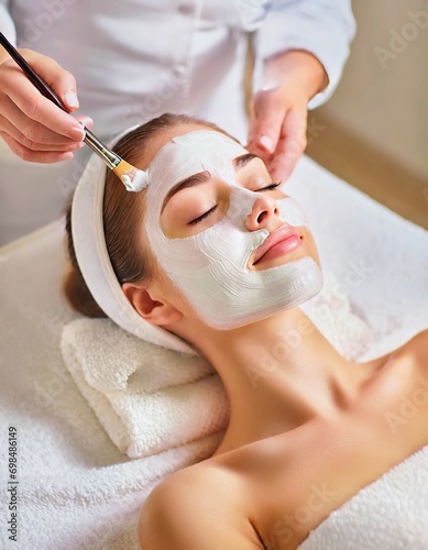 Woman receiving a Facial Clay Mask in Wellness Resort or Spa - Relaxation and Skin Care done by Beautician photo