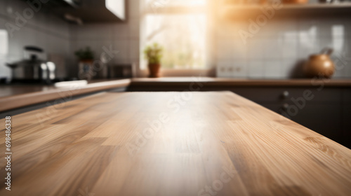 Blurred kitchen counter with a wooden table surface