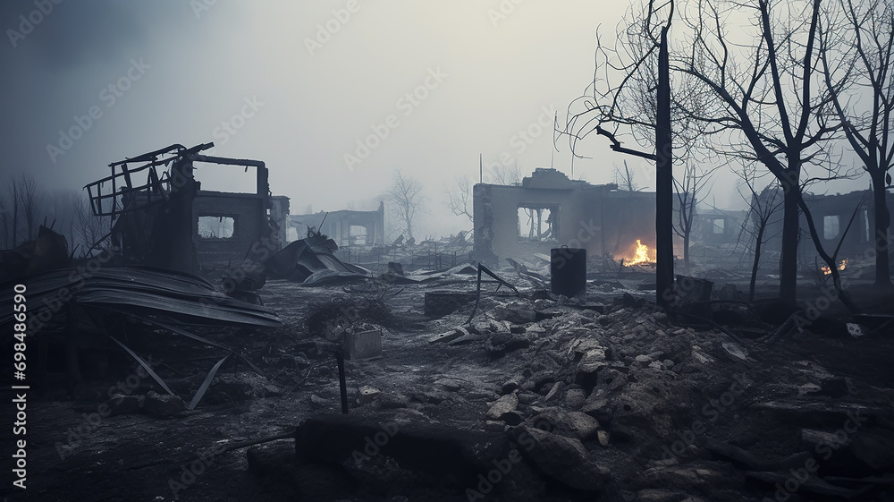 a house damaged by fire, the consequences of destruction, the remains of a house standing alone, a village cottage destroyed by fire, the remains of ash and smoke depressive concept of misfortune