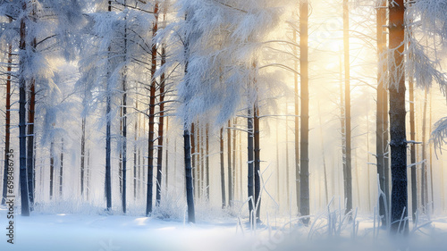 winter landscape in the forest, the rays of the morning sun at sunrise in the frosty fog between the trees © kichigin19