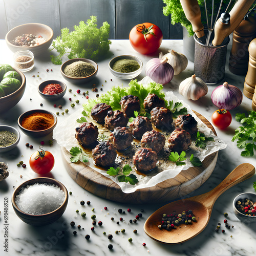 Grilled Koftes Meatballs on Marble Counter with Herbs photo