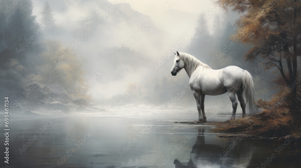  a white horse standing in the middle of a forest next to a body of water on a foggy day.
