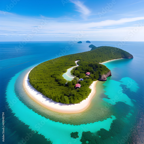 Aerial view of a beautiful tropical island with a white sand beach and blue sea. 
