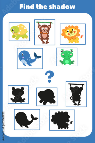Find the correct animal shadows. Educational logic game for children. Puzzle for preschoolers. Educational cards for children