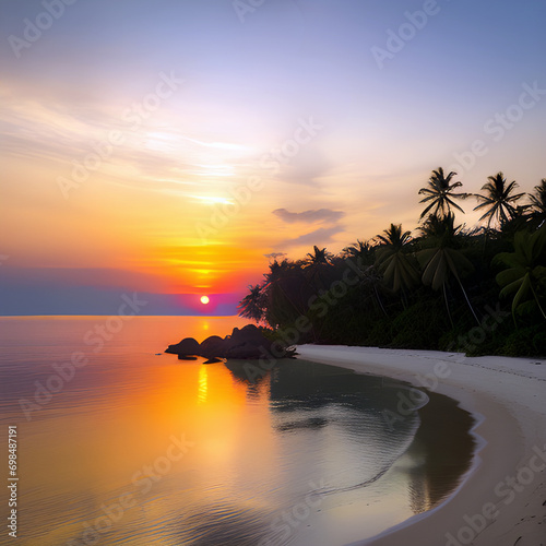 Beautiful sunset on the beach at Seychelles - nature background. 