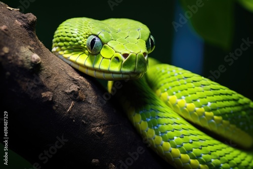 A green venomous snake on a tree