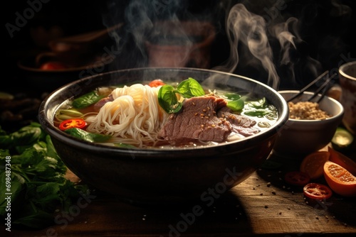 Pho Bo soup with meat and noodles photo