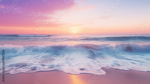  the sun is setting over the ocean with a wave in the foreground and a pink sky in the background.