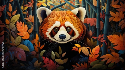  a painting of a red panda in a forest full of trees and leaves with orange and yellow leaves on the ground.