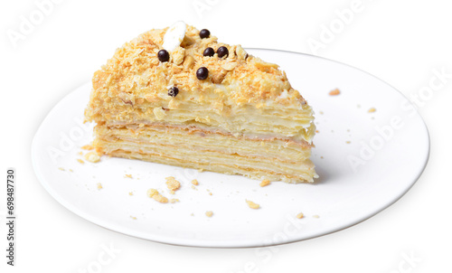 Delicious Napoleon Cake  Delicate Handmade Dessert with Custard and Puff Pastry Layers on White Background