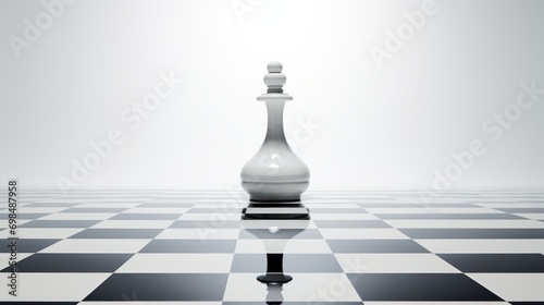  a white and black chess piece on a black and white checkered floor with a white light in the background.
