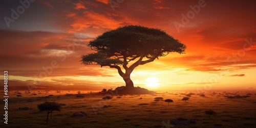 Fototapeta Naklejka Na Ścianę i Meble -  Mesmerizing view of the silhouette of a tree in the savanna plains during sunset