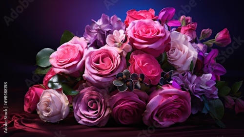  a bouquet of pink and purple roses on a dark background with a pink ribbon around the bottom of the bouquet.