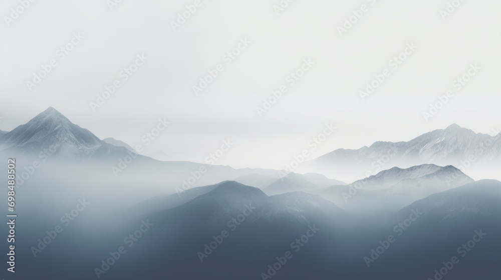  a black and white photo of a mountain range with fog in the foreground and a hazy sky in the background.