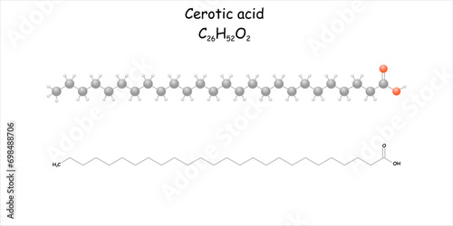 Cerotic acid. Stylized molecule model and structural formula. Commonly found in beeswax.