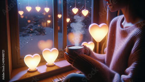 冬の夜、ハートのランプに照らされてコーヒーを飲む女性2 photo