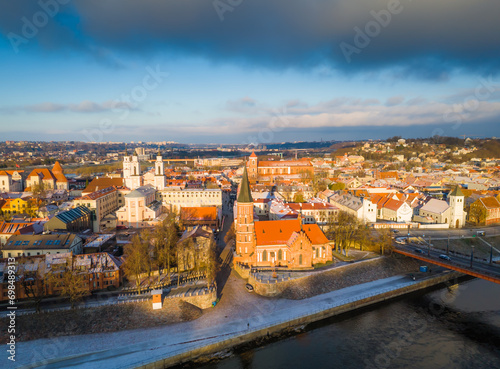 Aerial view of Kaunas old town in winter. Drone view of city center and Vytautas Magnus church