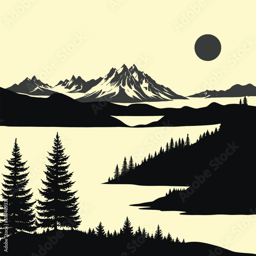 vector illustration of mountains design hand drawn pine tree and mountains design