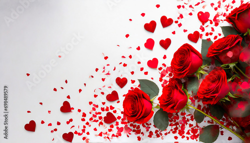 Banner San Valentino con rose e cuori rossi grandi e piccoli in basso a sinistra del fotogramma su sfondo bianco  photo
