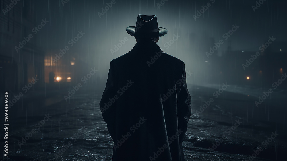 a man in the night fog view from the back autumn landscape with rain, black coat and hat silhouette of a mafia gloomy bandit - obrazy, fototapety, plakaty 