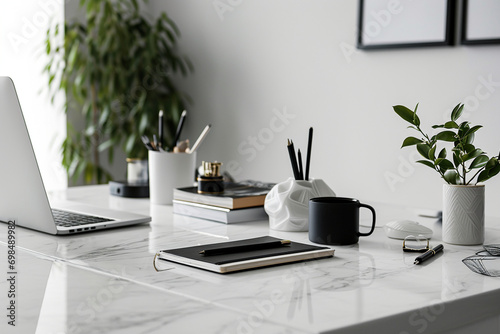 minimalistic photo showcasing a modern desk set with coordinated accessories for a clean and organized workspace