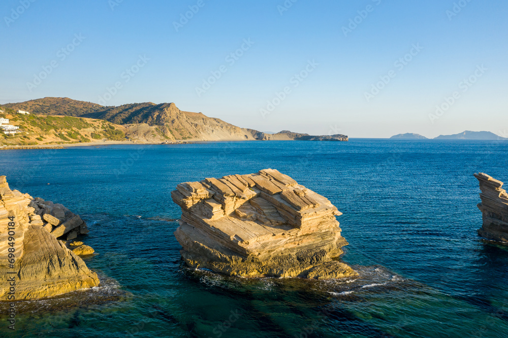 The rocks of Triopetra Beach , in Europe, Greece, Crete, towards Rethymno, By the Mediterranean Sea, in summer, on a sunny day.