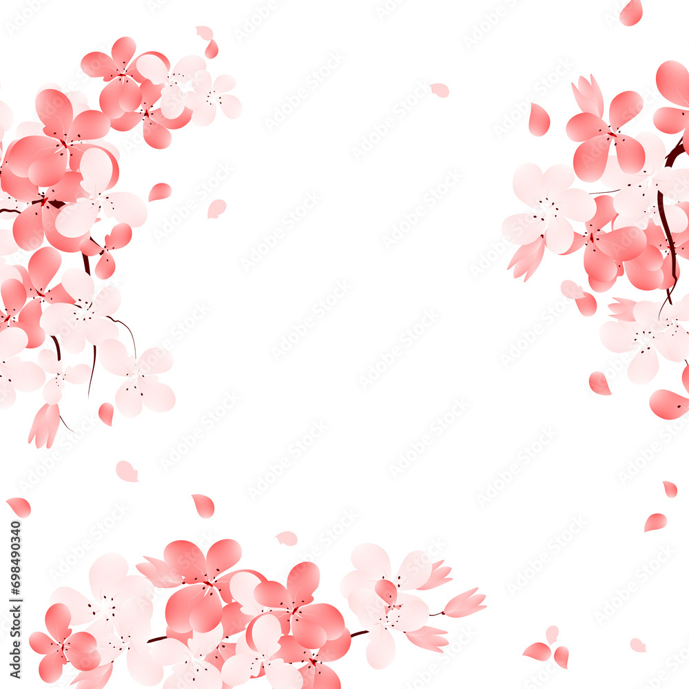 Sakura Bloom Frame. Cherry Blossom Falling Petals Background. Pink Flowers Border Illustration Clipart.