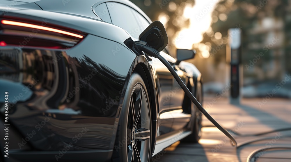 Electric Vehicle Powering Up at Sunset