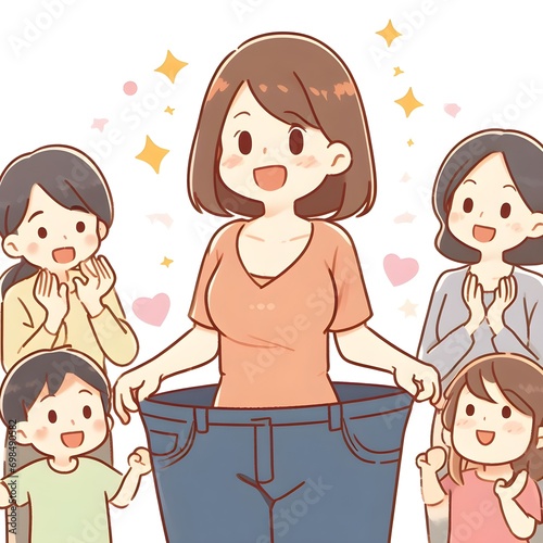 A cartoon woman with a large pair of jeans and a group of children around her photo