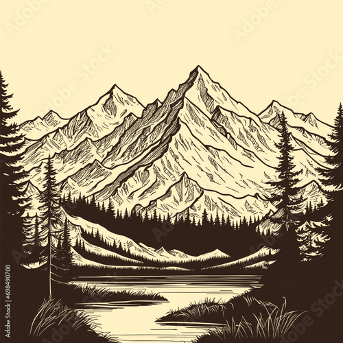 vector illustration of mountains design hand drawn pine tree and mountains design